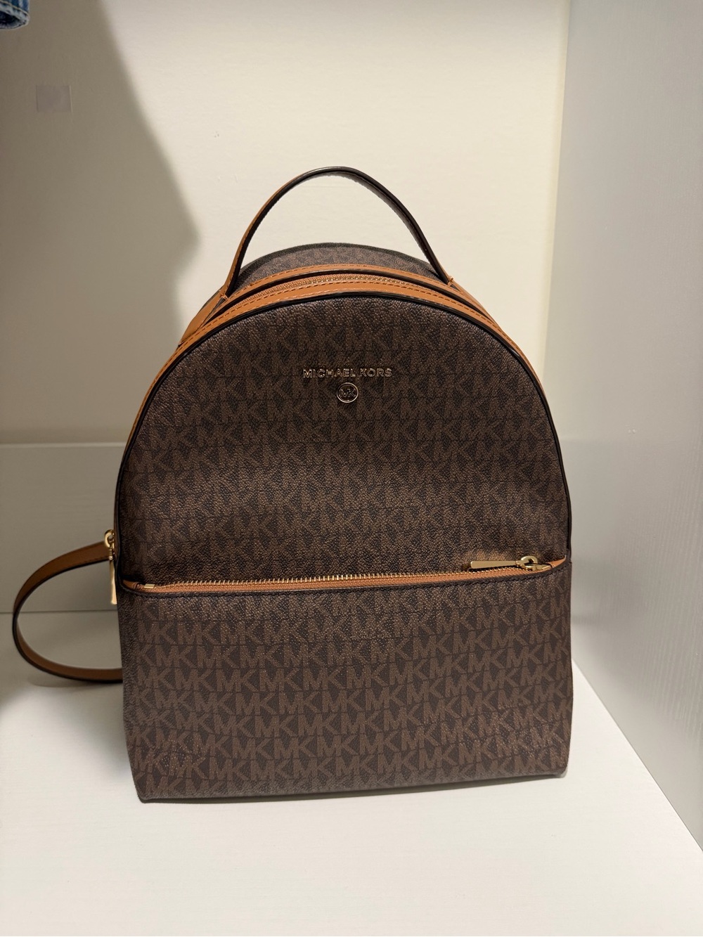 Michael Kors Brown Monogram Backpack with Tan Trim